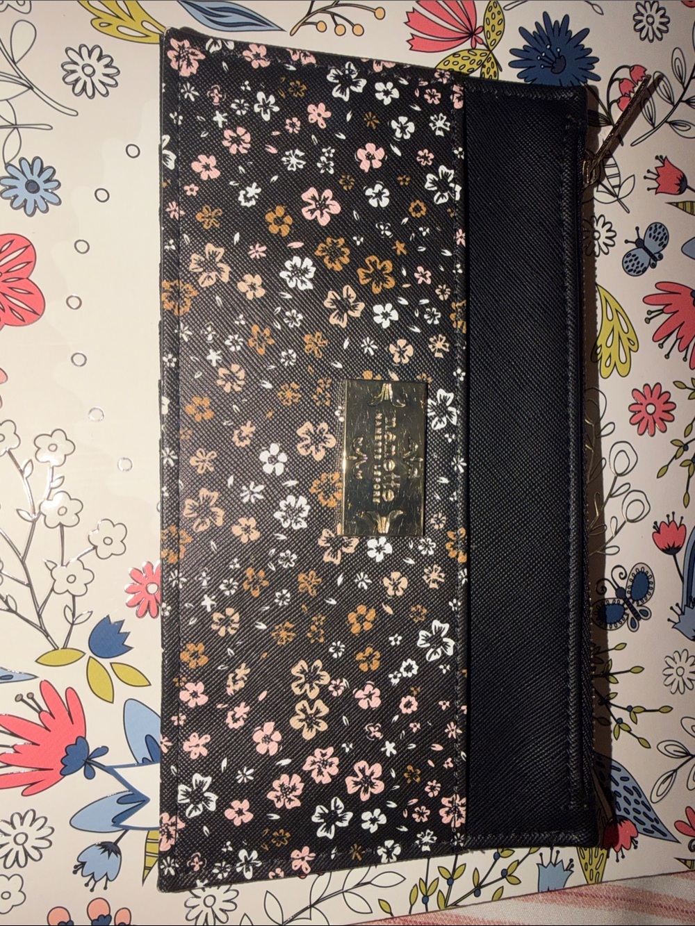 Nanette Lepore Black Floral Zip Wristlet with Pink & Brown Accents